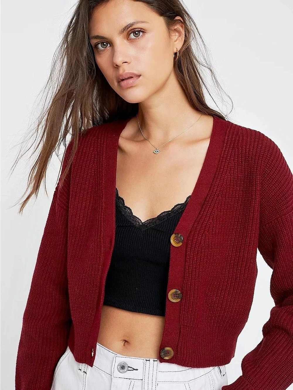 Urban Outfitters Kai Cropped Chunky Ribbed Knit Cardigan Maroon Fall Small NWT